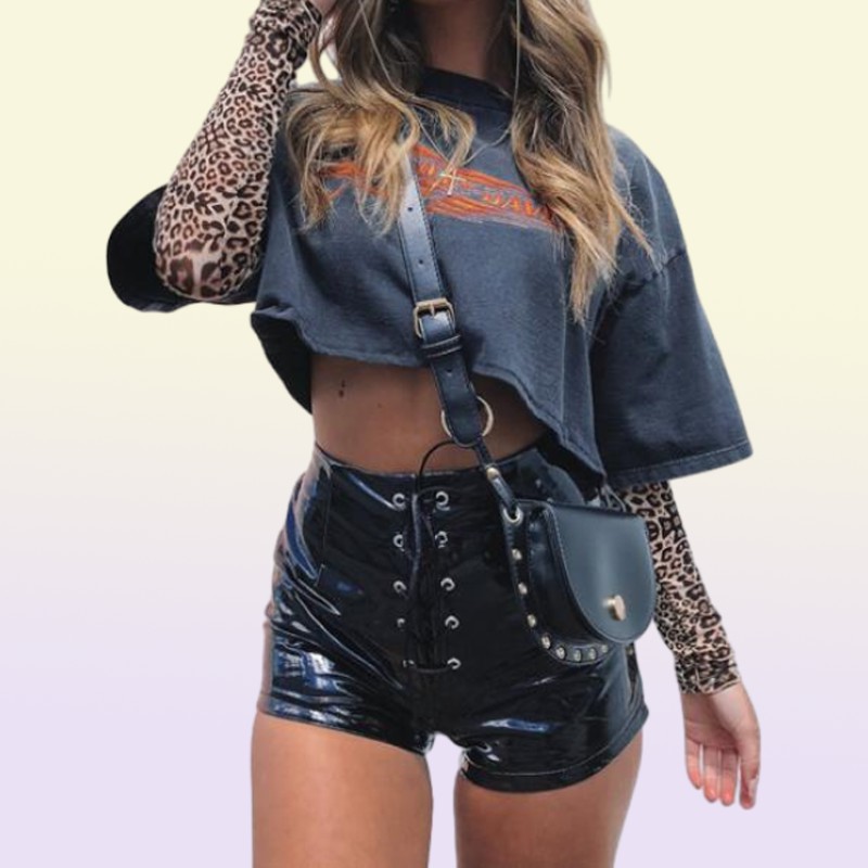Women Sexy PU Patent Leather Bandage Skinny Shorts High Waist Lace Up PVC Latex Solid Color Package Hip Shorts Capris Nightclub