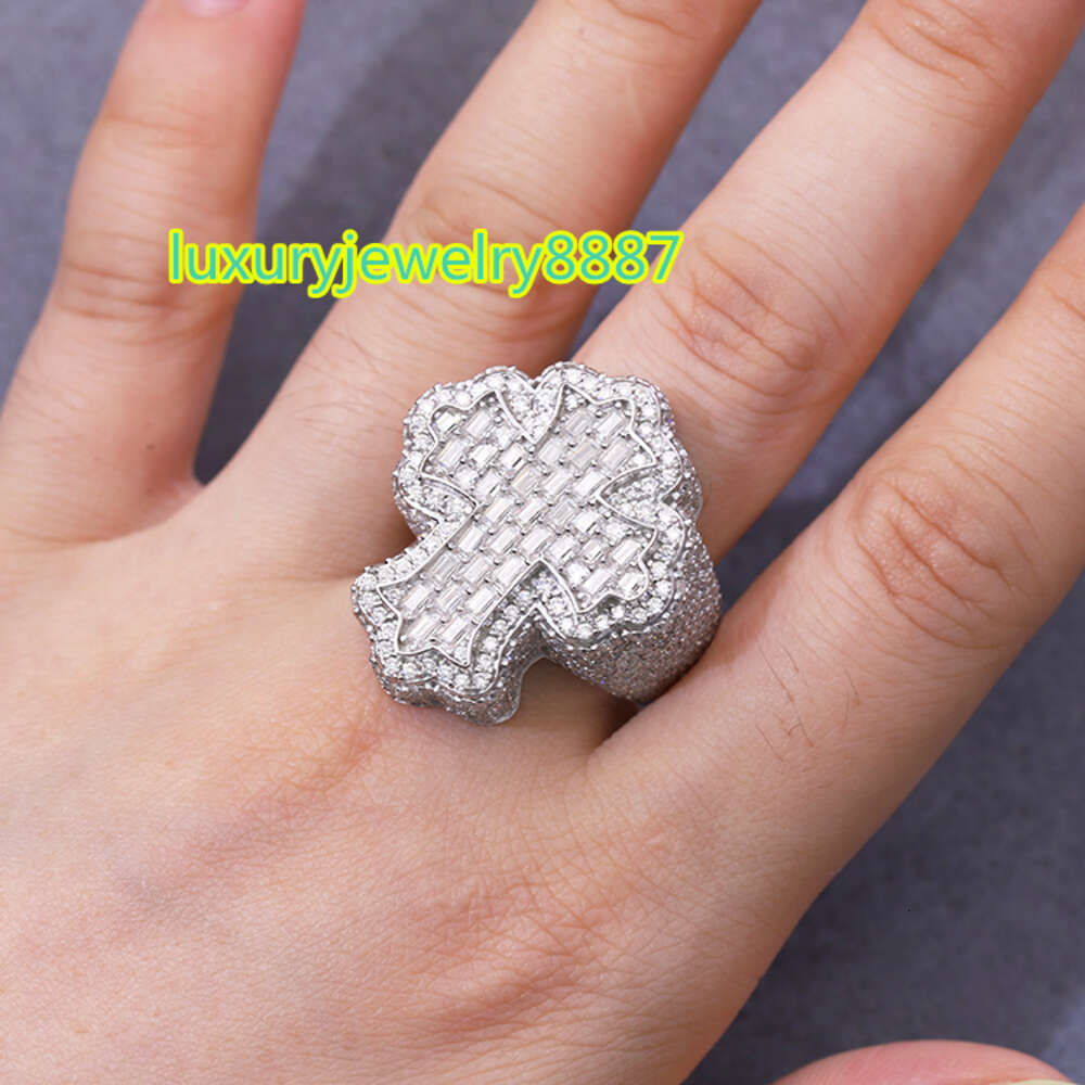 Full ice out Sterg Sier Gold Plated Baguette Moissanite Cross Hip Hop Men Women Cuban Ring