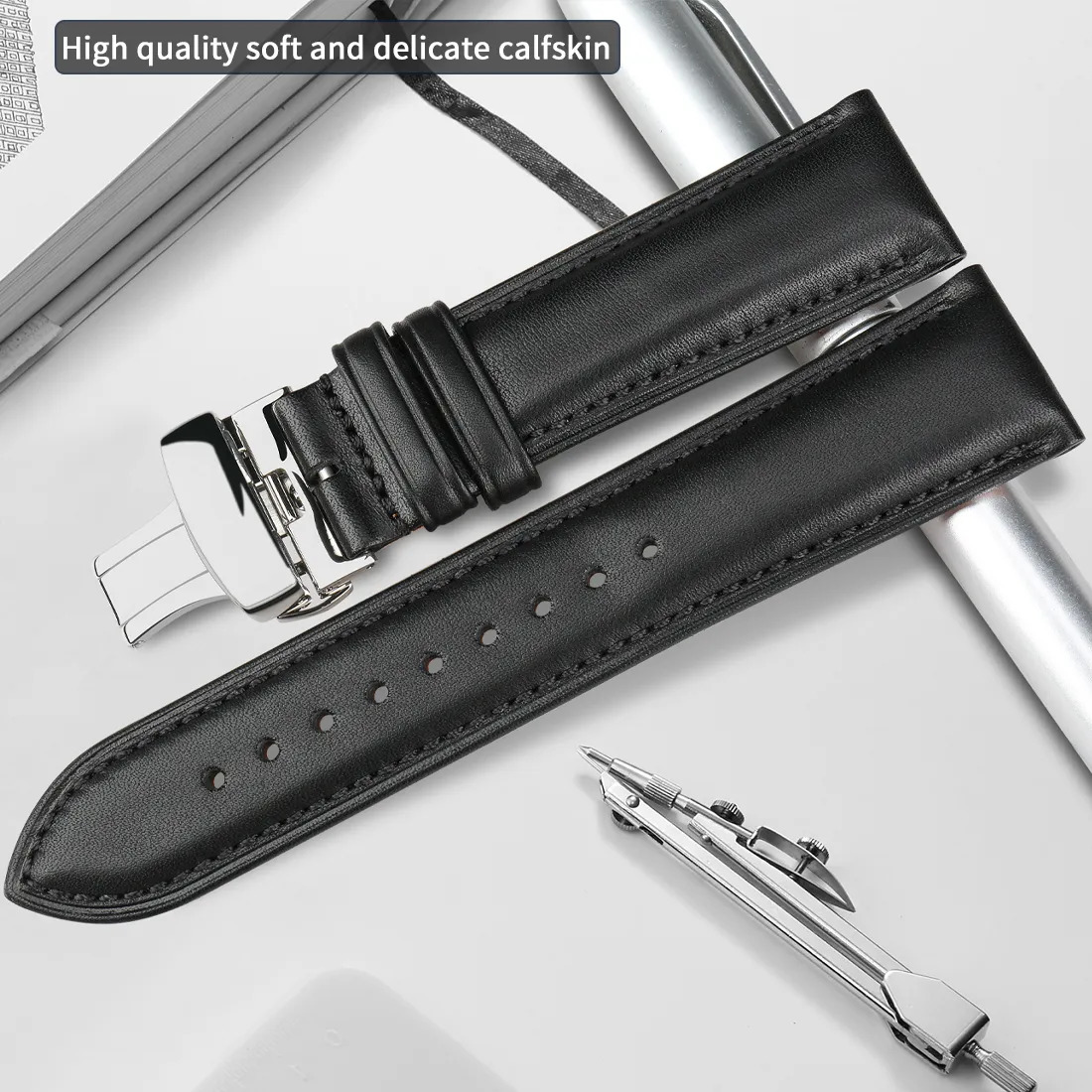 Watch Bands Calfskin Genuine Cow Leather Watchband Belt 18mm 20mm 22mm 24mm Watch Strap Bracelets Butterfly Buckle Replacement Watch Band 231016