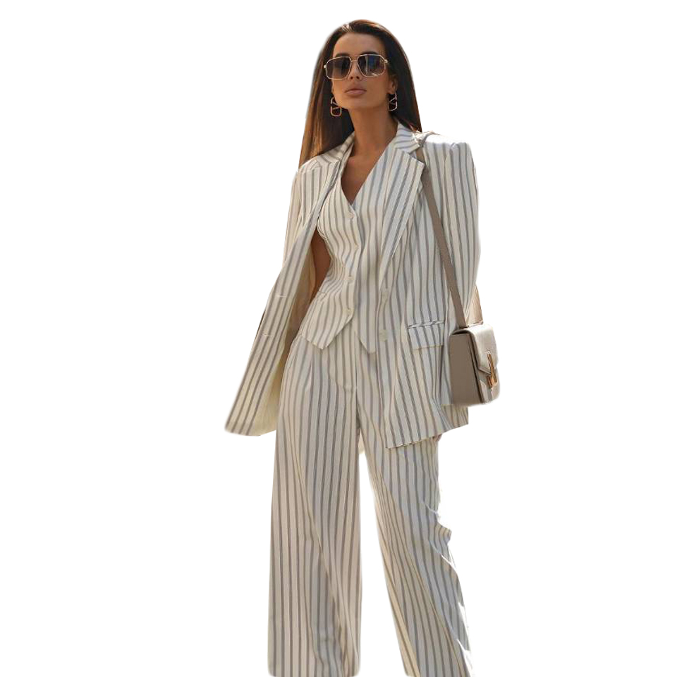 Slim Fit Women Blazer Suits Designer Striped 3 Pieces Custom Made Formal Jacket Metal Button Office Business Coat Sets