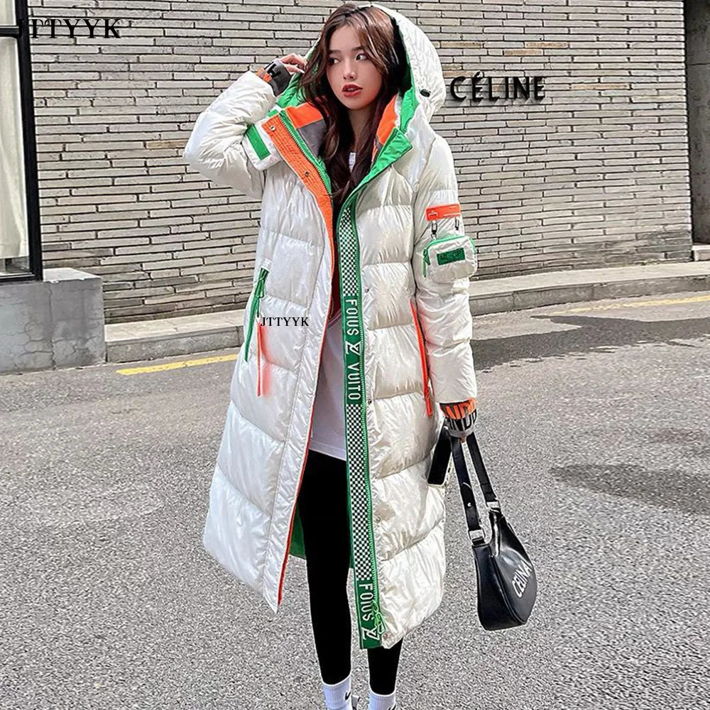 Women's Down Parkas Fashion Long Down Jacket Women Slim Hooded Zipper Winter Snow Coat Thick Warm Outerwear Female Bling Parkas Mujer 231016