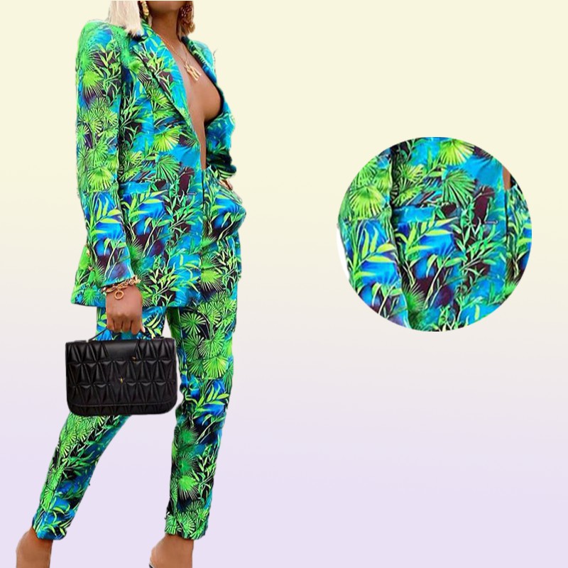 Autumn Women Pant Suits Green Jungle Print Blazer Vintage Streetwear Long Sleeve Coat and High Waist Trouser 2 Piece Set3384311