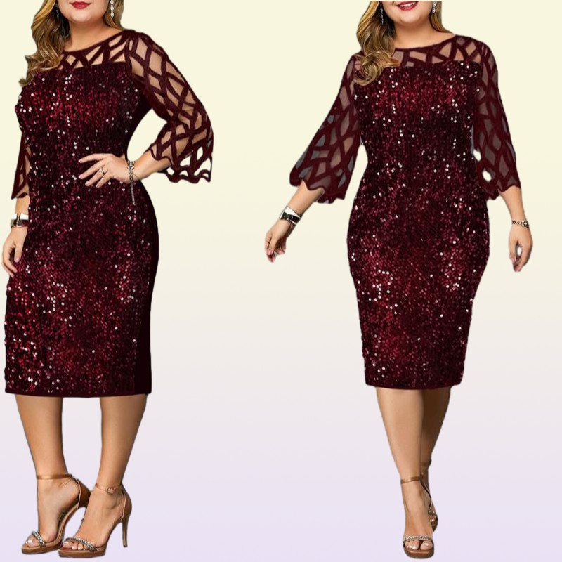 Plus Size Dresses Party Dress Ladies Midi Sequin Mesh Long Sleeve Lace Elegant Bodycon XL4XL 5XL Evening Woman Summer 20212972525