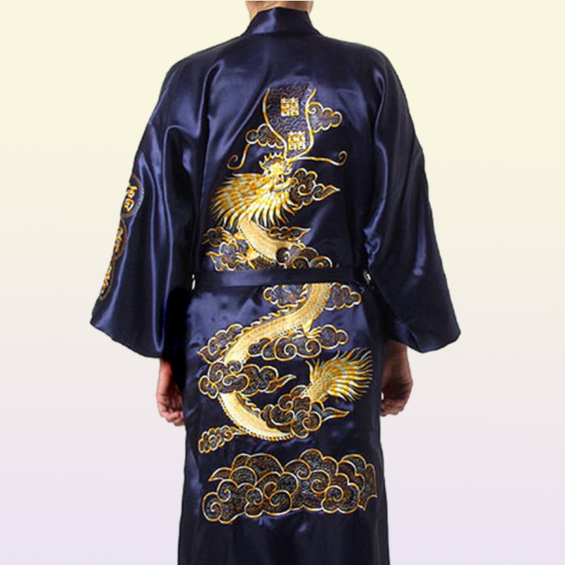 Traditional Embroidery Dragon Kimono Yukata Bath Gown Navy Blue Chinese Men Silk Satin Robe Casual Male Home Wear Nightgown1998264