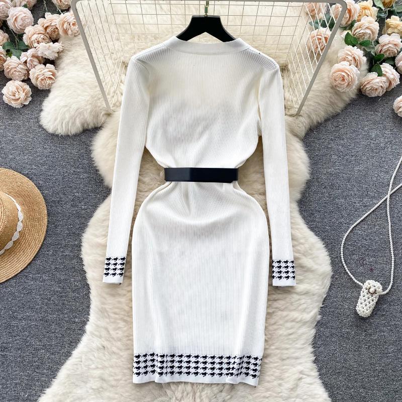 Casual Dresses Women Chic Elegant V Neck Double Breasted Long Sleeve Dress Sexy Fashion Knit Elastic Slim Hip Wrap