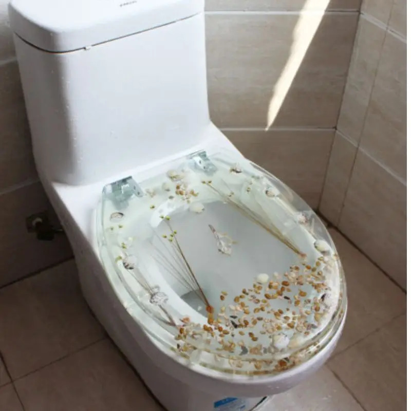 Covers Resin Toilet Seat Fancy Bathroom Accessories Thickened Transparent Safety Cover with Shells and Chrome Hinge U/V Type 231013