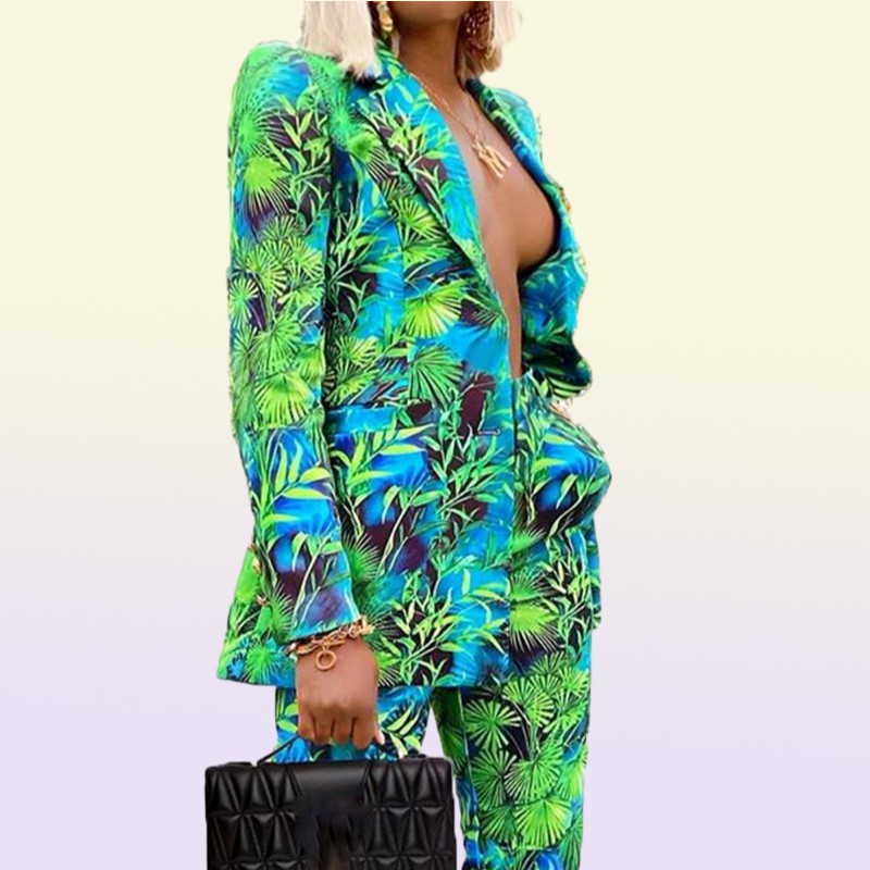 Autumn Women Pant Suits Green Jungle Print Blazer Vintage Streetwear Long Sleeve Coat and High Waist Trouser 2 Piece Set3384311