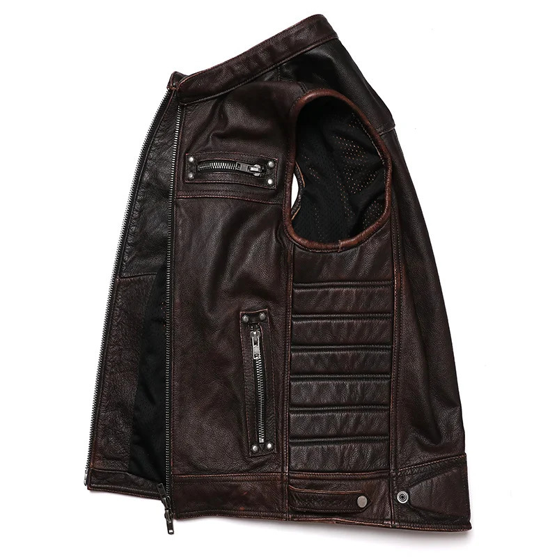 Men's Jackets Brown Vintage Real Leather Motorcycle Vest Men Cowhide Genuine Biker Waistcoat Slim Sleeveless 231016