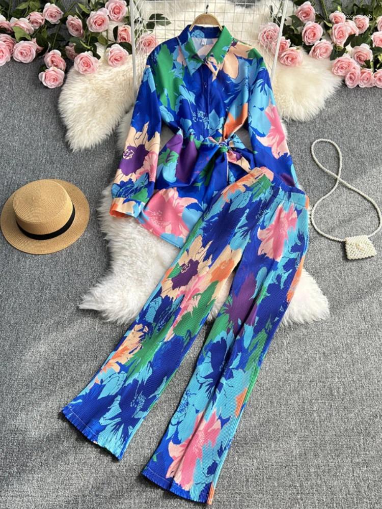 Women's Two Piece Pants 2 Sets Womens Outfits Summer Fashion Casual Set Loose Long Sleeve Shirt Printed Wide Leg