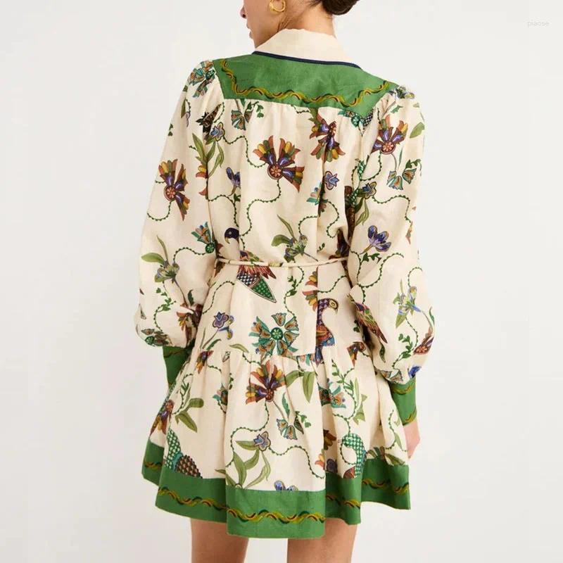 Casual Dresses Classic Vintage Lantern Sleeve Mini Dress Women Elegant Lapel Button A-Line Fashion Print Female Lace-up Shirt Robe