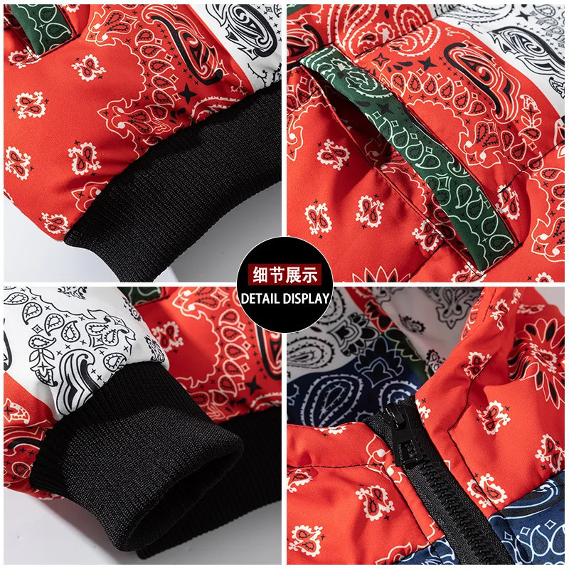 Men's Down Parkas Streetwear Warm Men cashew flower Print Patchwork Winter Jacket men Harajuku Hip Hop Loose Thick Hooded Parka 231017