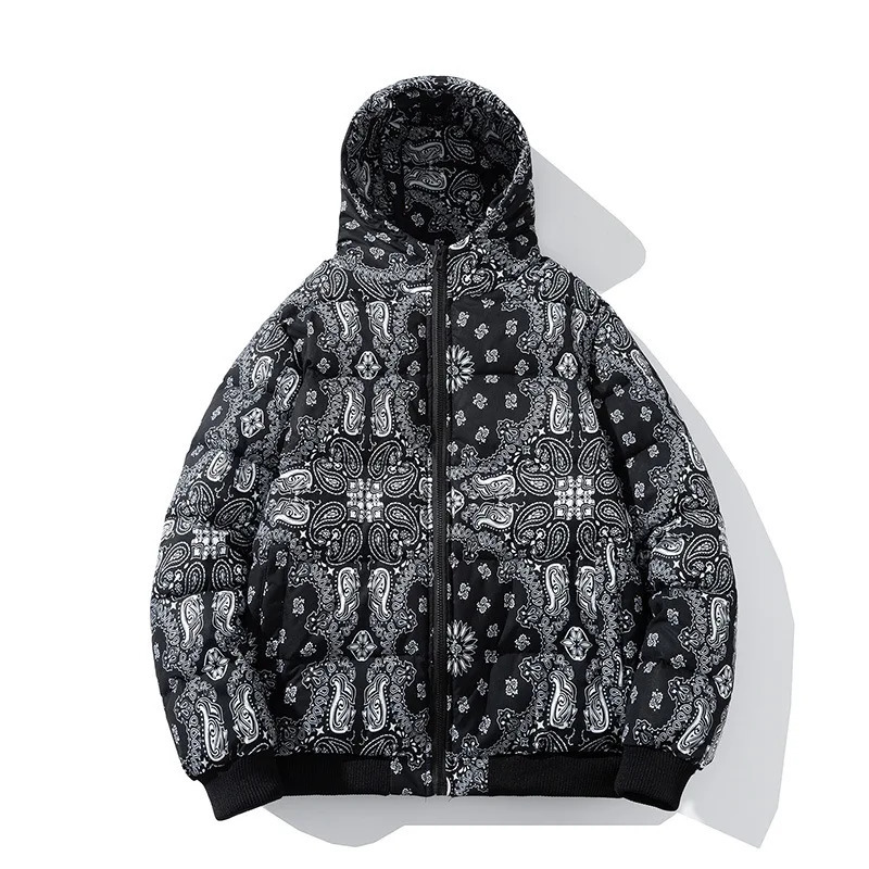 Men's Down Parkas Streetwear Warm Men cashew flower Print Patchwork Winter Jacket men Harajuku Hip Hop Loose Thick Hooded Parka 231017
