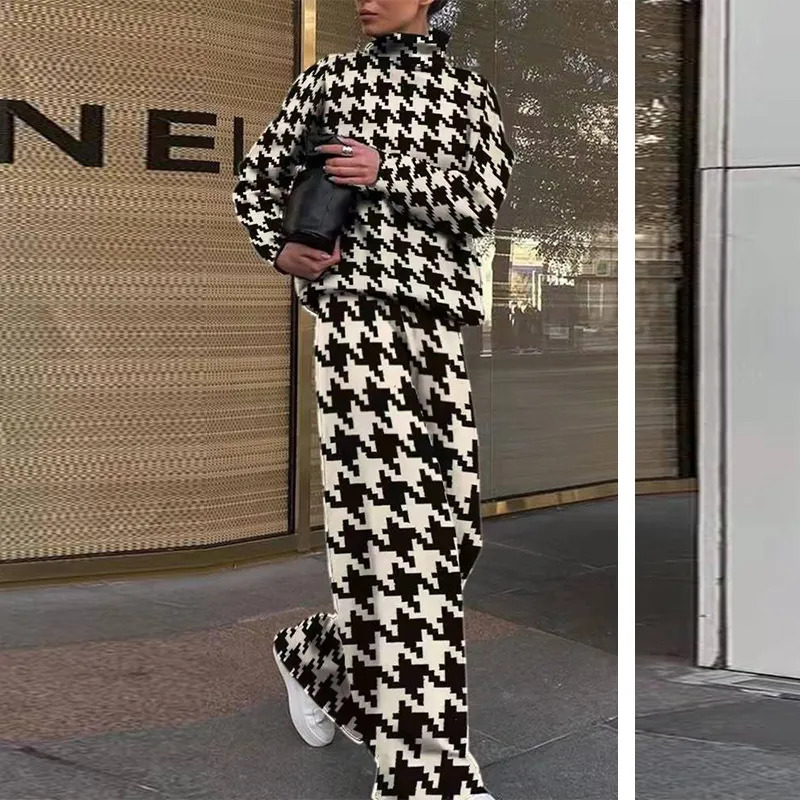 Women's Tracksuits High Quality High Collar Long Sleeve Top Pants Suit Autumn Winter Fashion Print Women Suit High Street Ladies 2 Piece Set 2310