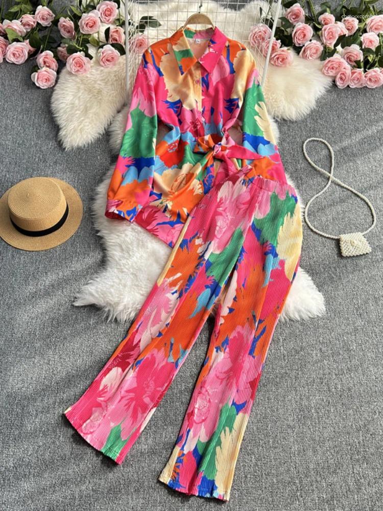 Women's Two Piece Pants 2 Sets Womens Outfits Summer Fashion Casual Set Loose Long Sleeve Shirt Printed Wide Leg