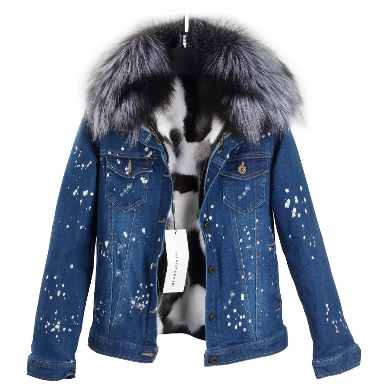 Women's Knits Tees Real Fur Lining Denim Jacket Coat Parkas100 Large Raccoon Collar Women Winter 231016