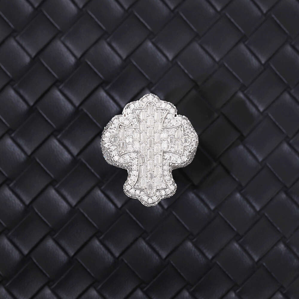 Full ice out Sterg Sier Gold Plated Baguette Moissanite Cross Hip Hop Men Women Cuban Ring