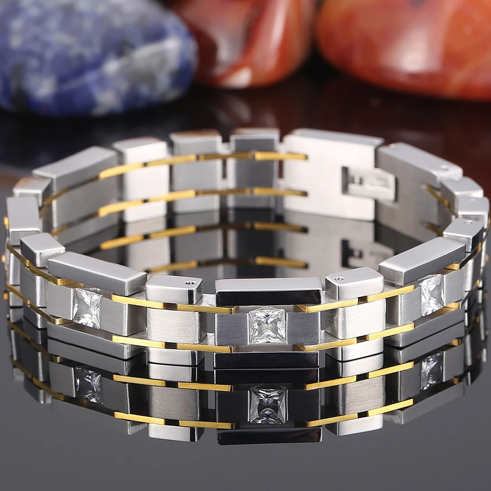 Chain Man Bracelets CZ Jewelry Birthday Gifts for Boyfriend 12MM Brushed Gold Plated Stainless Steel Chain Bracelet for Men Wholesale 231016