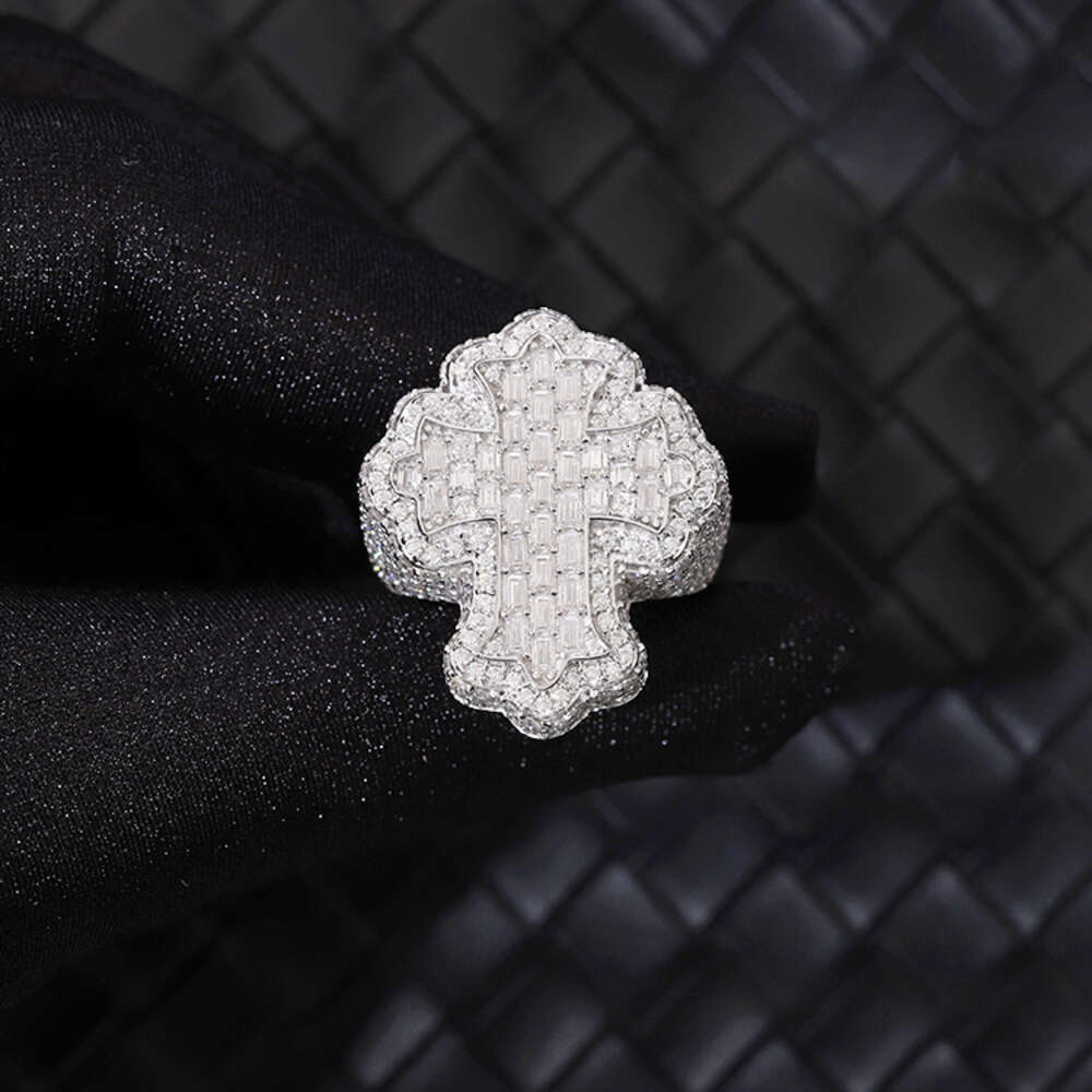 Full ice out Sterg Sier Gold Plated Baguette Moissanite Cross Hip Hop Men Women Cuban Ring