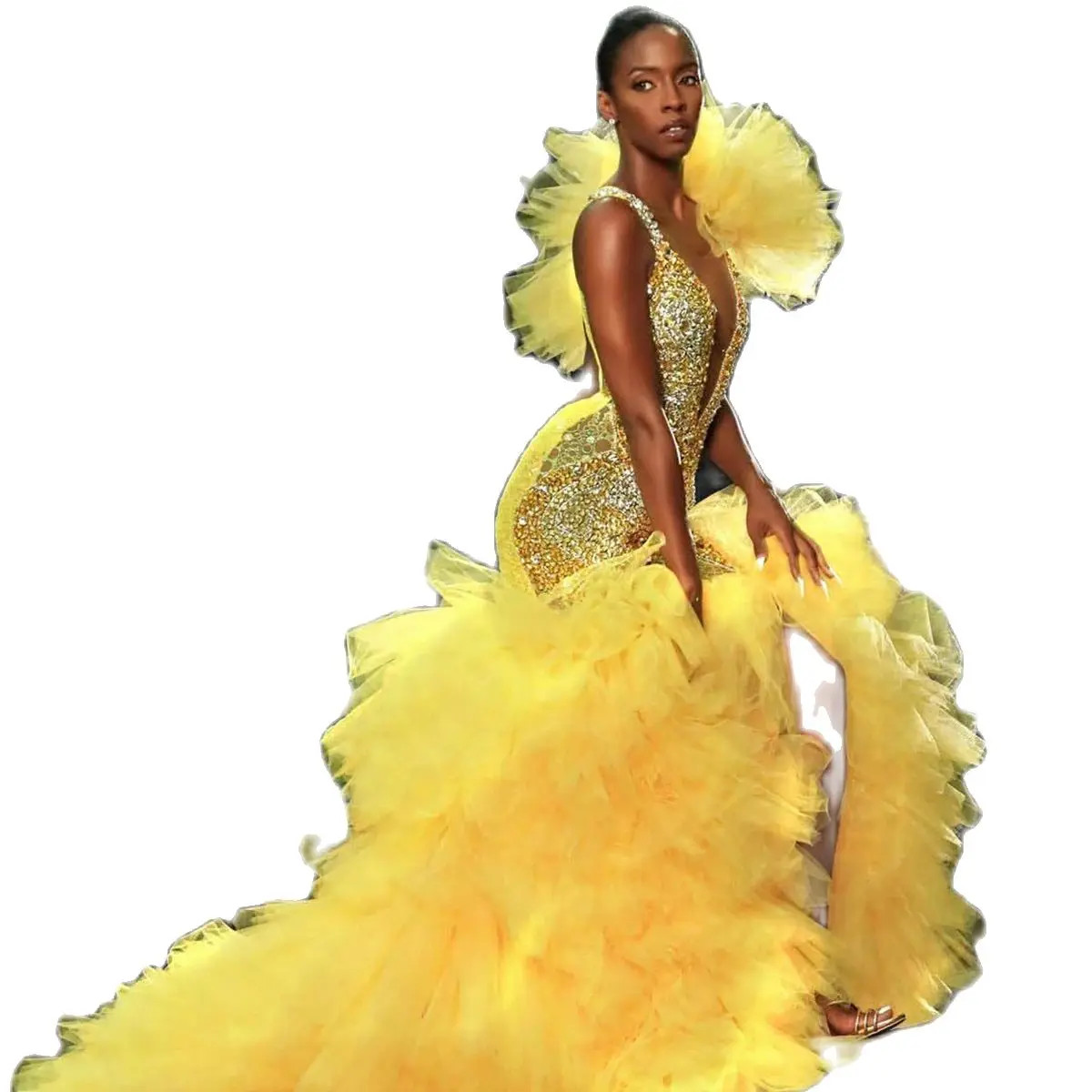 Sexy Deep V Neck Mermaid Prom Dresses Elegant Ruffles Tiered Formal Occasion Dress Aso Ebi Evening Gowns