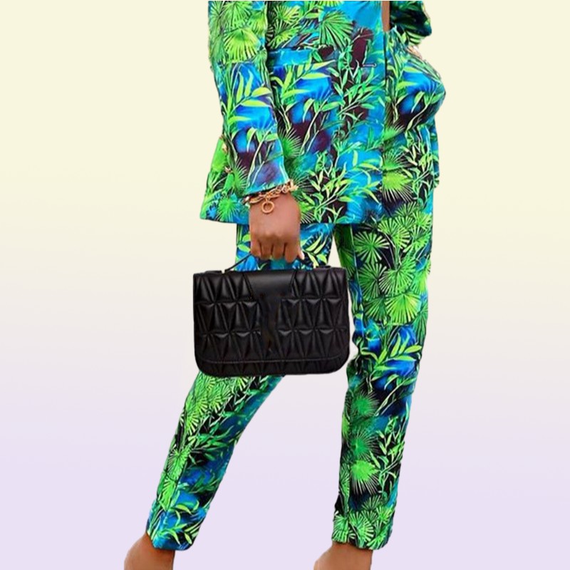Autumn Women Pant Suits Green Jungle Print Blazer Vintage Streetwear Long Sleeve Coat and High Waist Trouser 2 Piece Set3384311