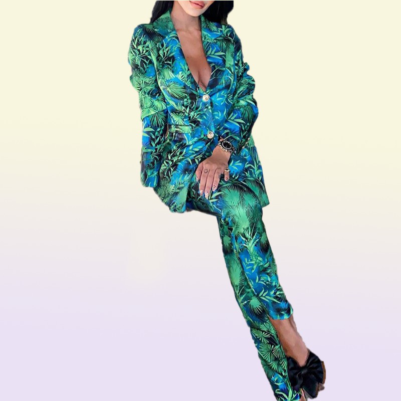 Autumn Women Pant Suits Green Jungle Print Blazer Vintage Streetwear Long Sleeve Coat and High Waist Trouser 2 Piece Set3384311