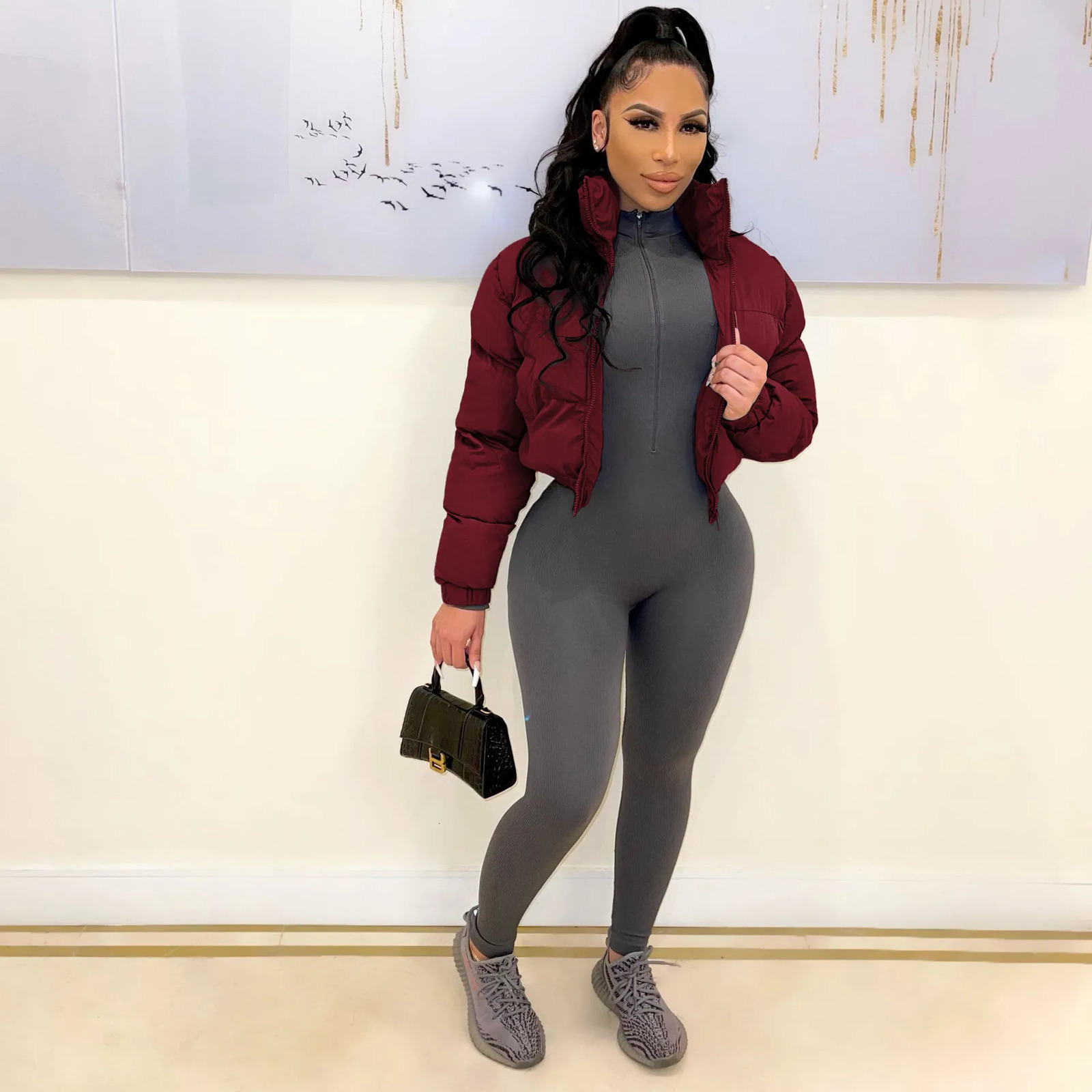 Women's Down Parkas ANJAMANOR Zip Up Turtleneck Cropped Puffer Jacket Solid Color Wholesale Winter Clothes Women Bubble Coat Outwear D48-EC72 231