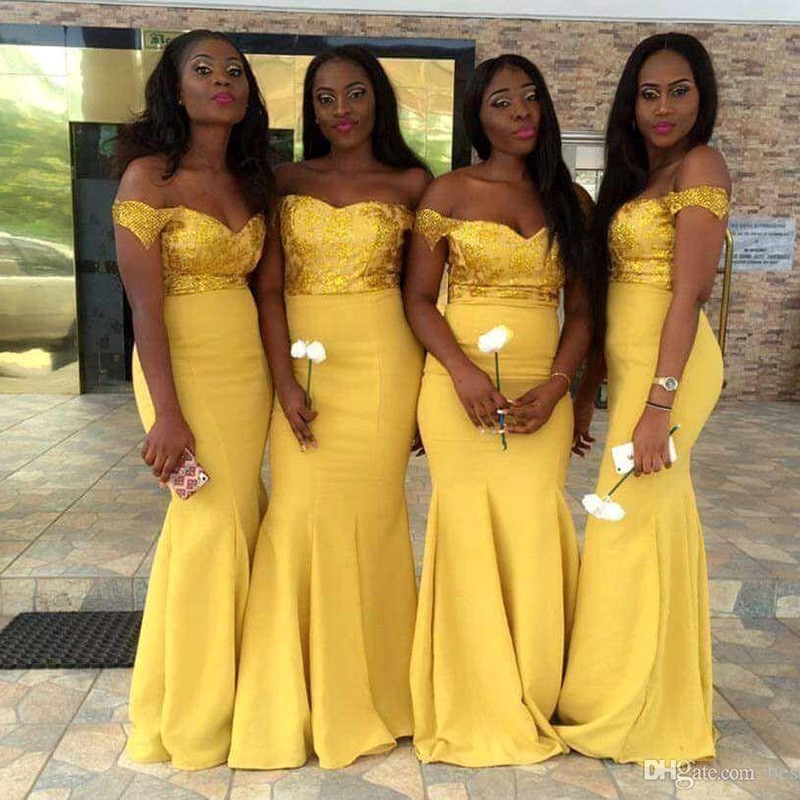 Yellow Gold Bridesmaid Dresses Mermaid Peplum Satin Ruched Pleats Elegant Off The Shoulder Sweep Train African Plus Size Made Of Honor Gown Shiny Blin