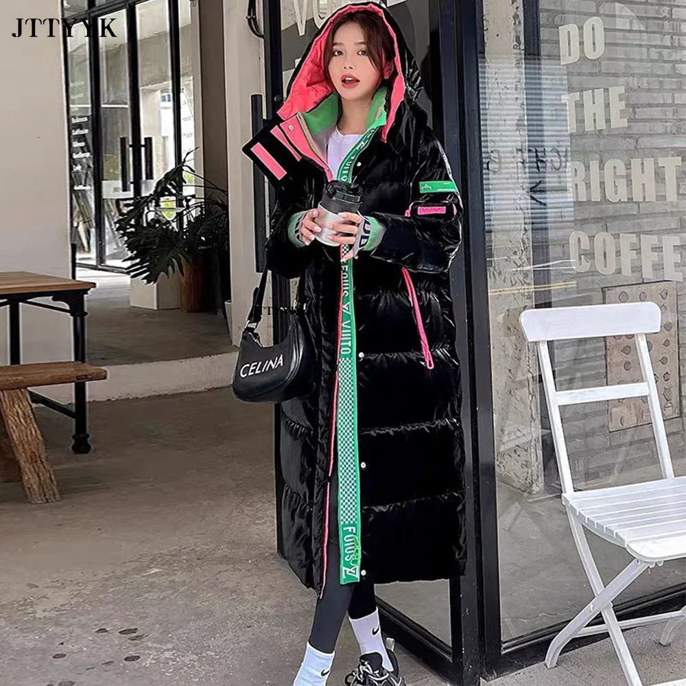 Women's Down Parkas Fashion Long Down Jacket Women Slim Hooded Zipper Winter Snow Coat Thick Warm Outerwear Female Bling Parkas Mujer 231016