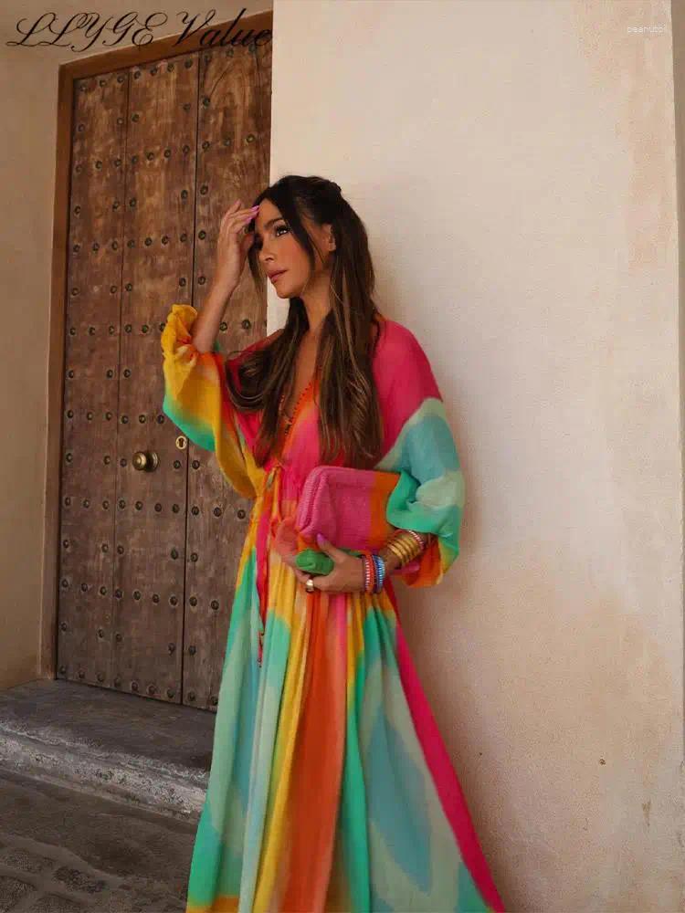 Casual Dresses Tie-dye Print Batwing Sleeve Dress Women Colorful V-neck Lace Up Elastic High Waist Long Vestidos Summer Party Streetwear