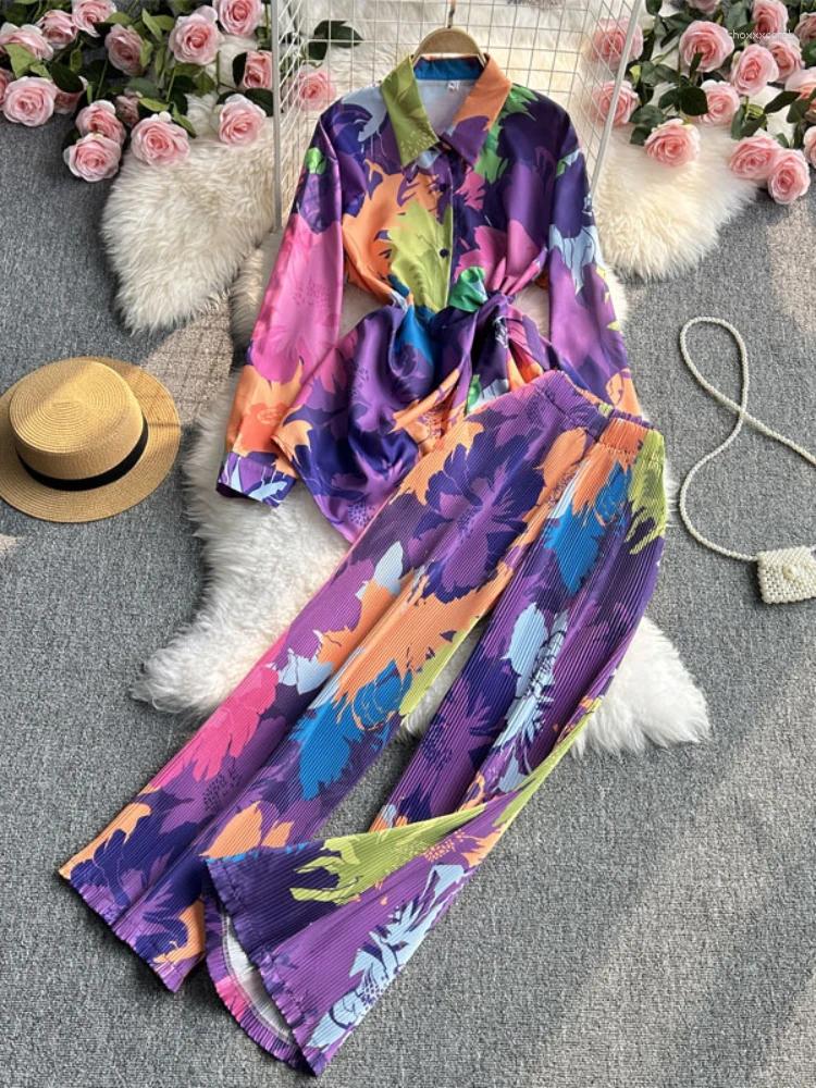 Women's Two Piece Pants 2 Sets Womens Outfits Summer Fashion Casual Set Loose Long Sleeve Shirt Printed Wide Leg
