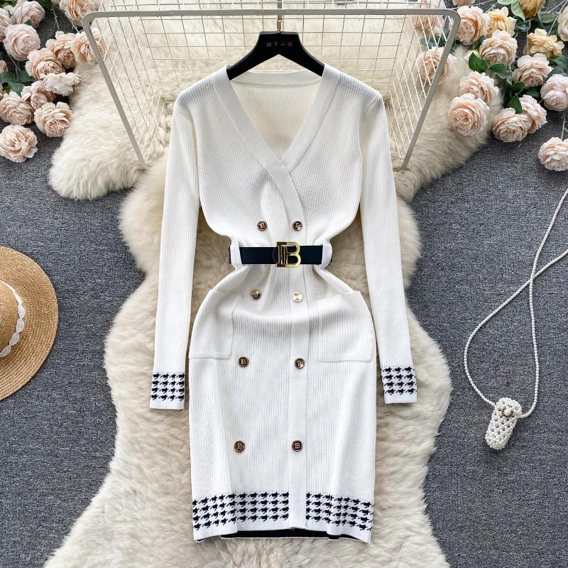 Casual Dresses Women Chic Elegant V Neck Double Breasted Long Sleeve Dress Sexy Fashion Knit Elastic Slim Hip Wrap