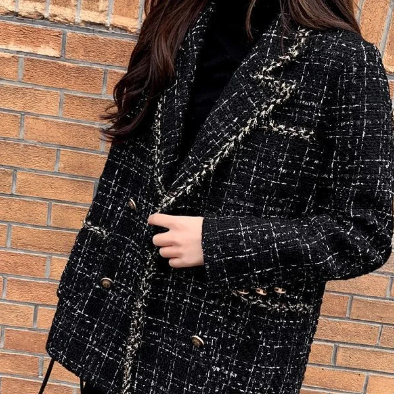 Women's Suits Blazers Vintage Plaid Tweed Blazers Women Autumn Winter Thicken Fashion Jackets Female Double Breasted Elegant Black Coats Outwear 