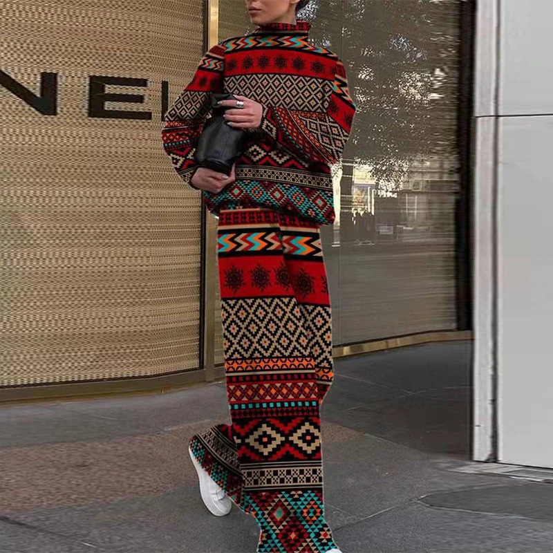 Women's Tracksuits High Quality High Collar Long Sleeve Top Pants Suit Autumn Winter Fashion Print Women Suit High Street Ladies 2 Piece Set 2310