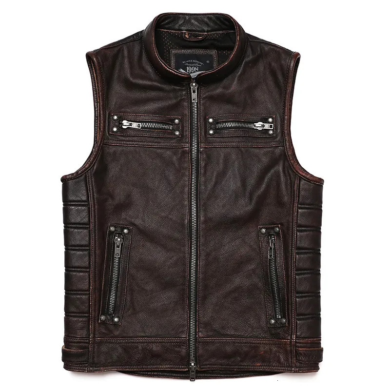 Men's Jackets Brown Vintage Real Leather Motorcycle Vest Men Cowhide Genuine Biker Waistcoat Slim Sleeveless 231016