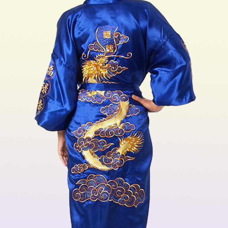 Traditional Embroidery Dragon Kimono Yukata Bath Gown Navy Blue Chinese Men Silk Satin Robe Casual Male Home Wear Nightgown1998264