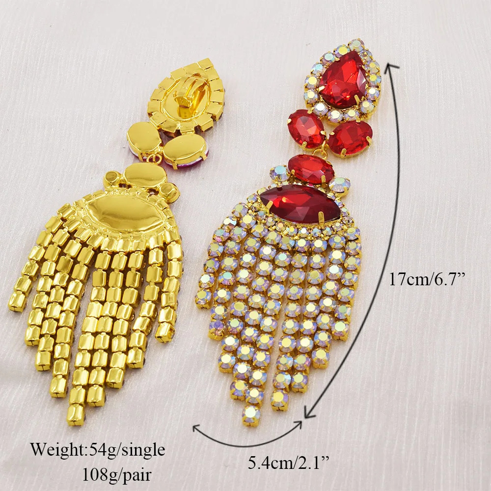 Charm CUIER Dazzling17CM Rhinestones SS28 Long Tassel Clip on Earring for Women Jewelry Crystal AB Big Size Accessories for Drag Queen 231016