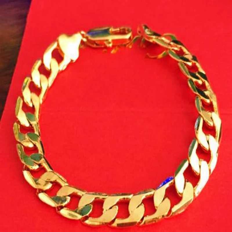 Chain Wholesale 24k Gold Filled 10MM Curb Link Chain Bracelet for Men Women 20CM LongFashion Pure Gold Color Cuban Bracelet Jewelry 231016