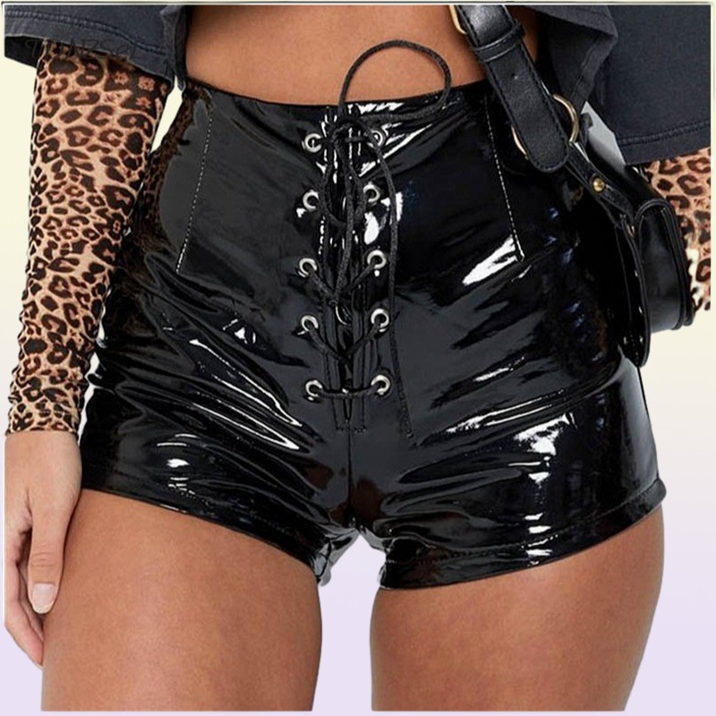 Women Sexy PU Patent Leather Bandage Skinny Shorts High Waist Lace Up PVC Latex Solid Color Package Hip Shorts Capris Nightclub