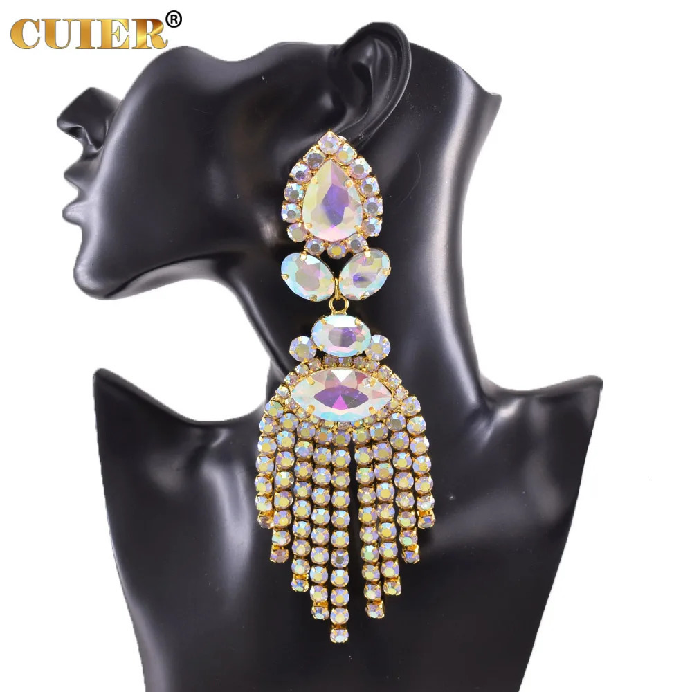 Charm CUIER Dazzling17CM Rhinestones SS28 Long Tassel Clip on Earring for Women Jewelry Crystal AB Big Size Accessories for Drag Queen 231016