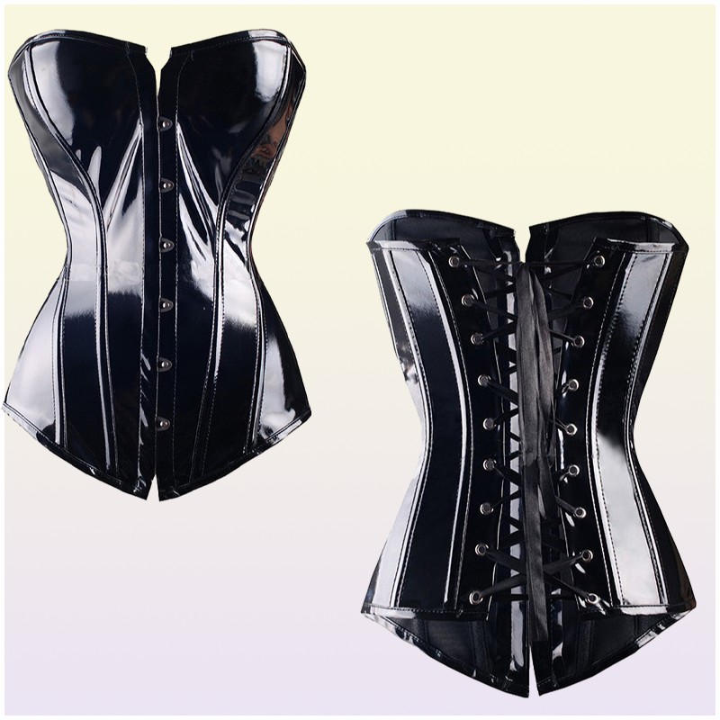 Sexy Black PVC Overbust Corset Steampunk Basque Lingerie Top Goth Rock Corset Sexy Leather Waist Trainer Corset for women Y11192