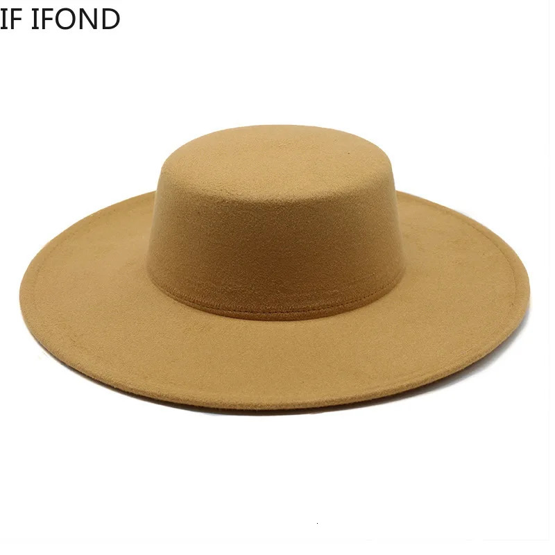 Wide Brim Hats Bucket Hats French Women's Hat Big Wide Brim 10CM Fedora Hat Winter Wool Derby Wedding Jazz Hats Flat Top Felt Hat 231018