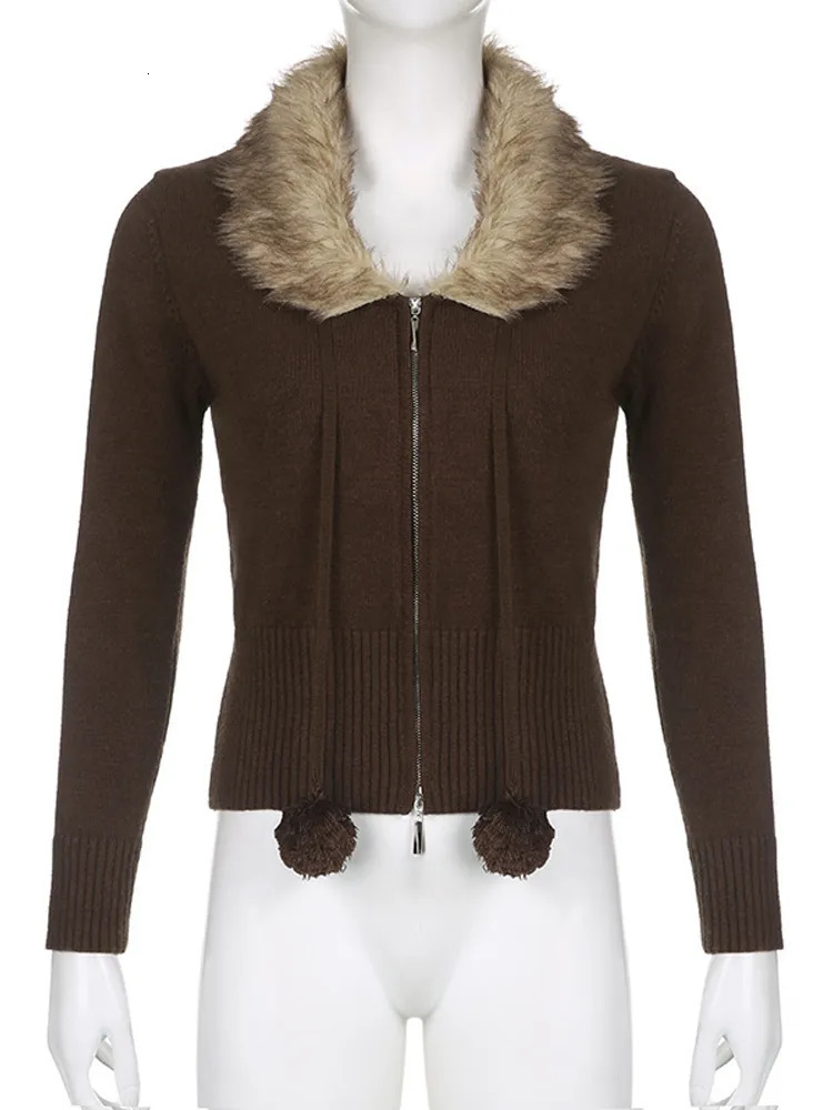 Women's Jackets Y2K Grunge Fur Knitted Jackets Double Zipper Vintage Cropped Coat Women Harajuku Aesthetic Cute Chic Jumpers Korean Outfits 23101