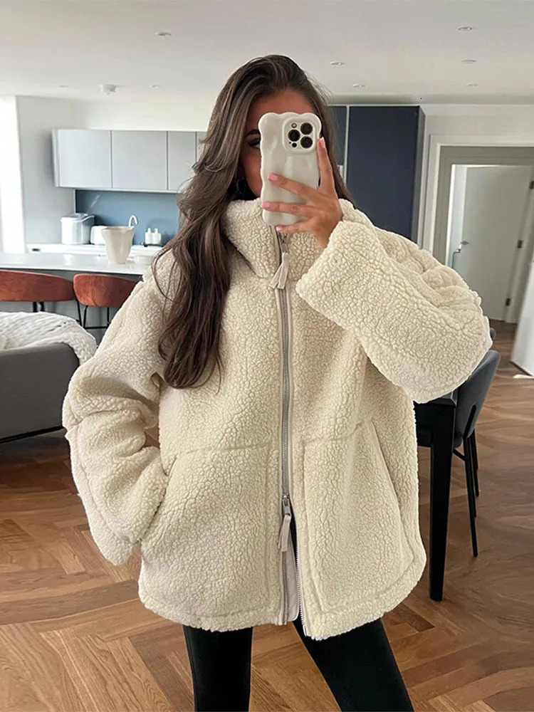 Women's Jackets Winter Zipper Lambs Cashmere Coats For Women Stand Collar Solid Pockets Loose Fleece Jacket 2023 Fashion Warm Plush Outerwear 231018