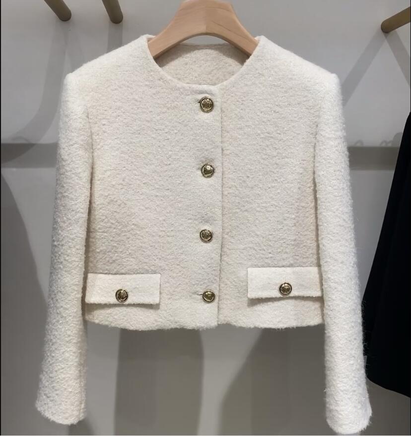 23-Sa ndr-o Women's Front Shoulder Tweed Metal Buckle Round Neck Black Coat