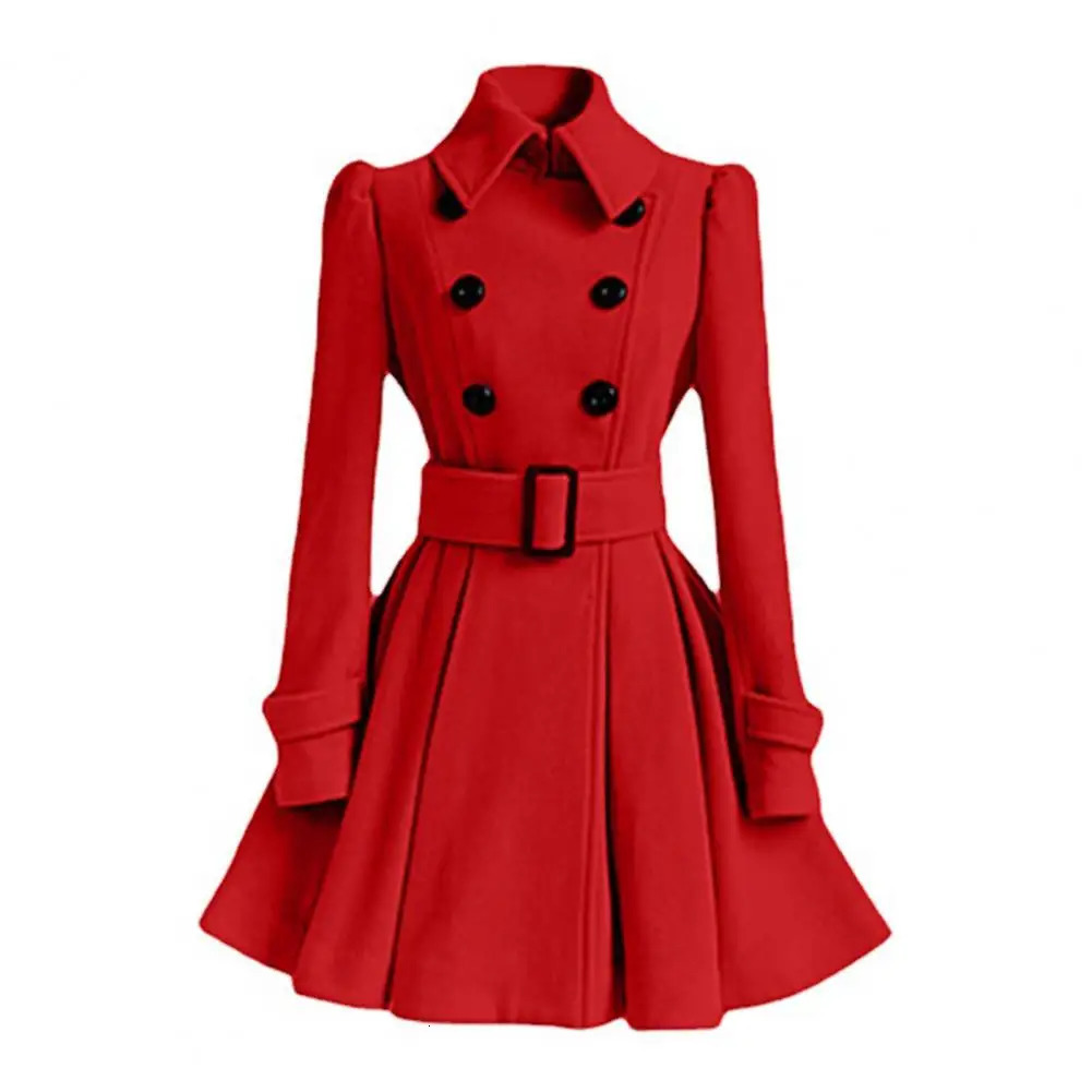 Women's Wool Blends Women Winter Coat Thick Midi Length Solid Color Double-breasted Lapel Keep Warm A-line Loose Hem Tight Waist Lady Dress Jacke