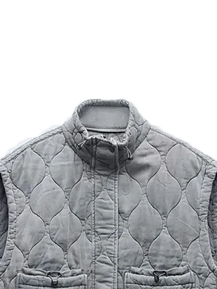 Womens Vests Autumn Solid Patch Checkered Cotton Vest Women Pocket Stand Collar Sleeveless Jackets Female Single Breasted Warm Tops Lady 231017