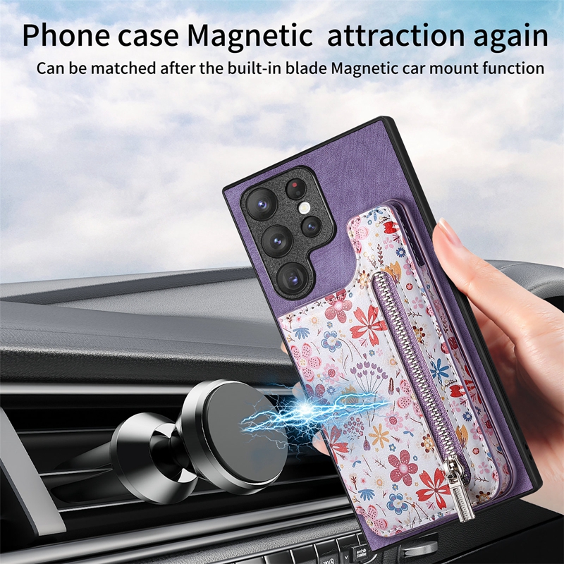 Flower Zipper Card Pocket Pack PU Leather Wallet Cases For Samsung S25 Ultra A16 A06 S24 FE M15 A55 S24 S23 Plus A05S A05 Cash Slot Magnet Car Bracket