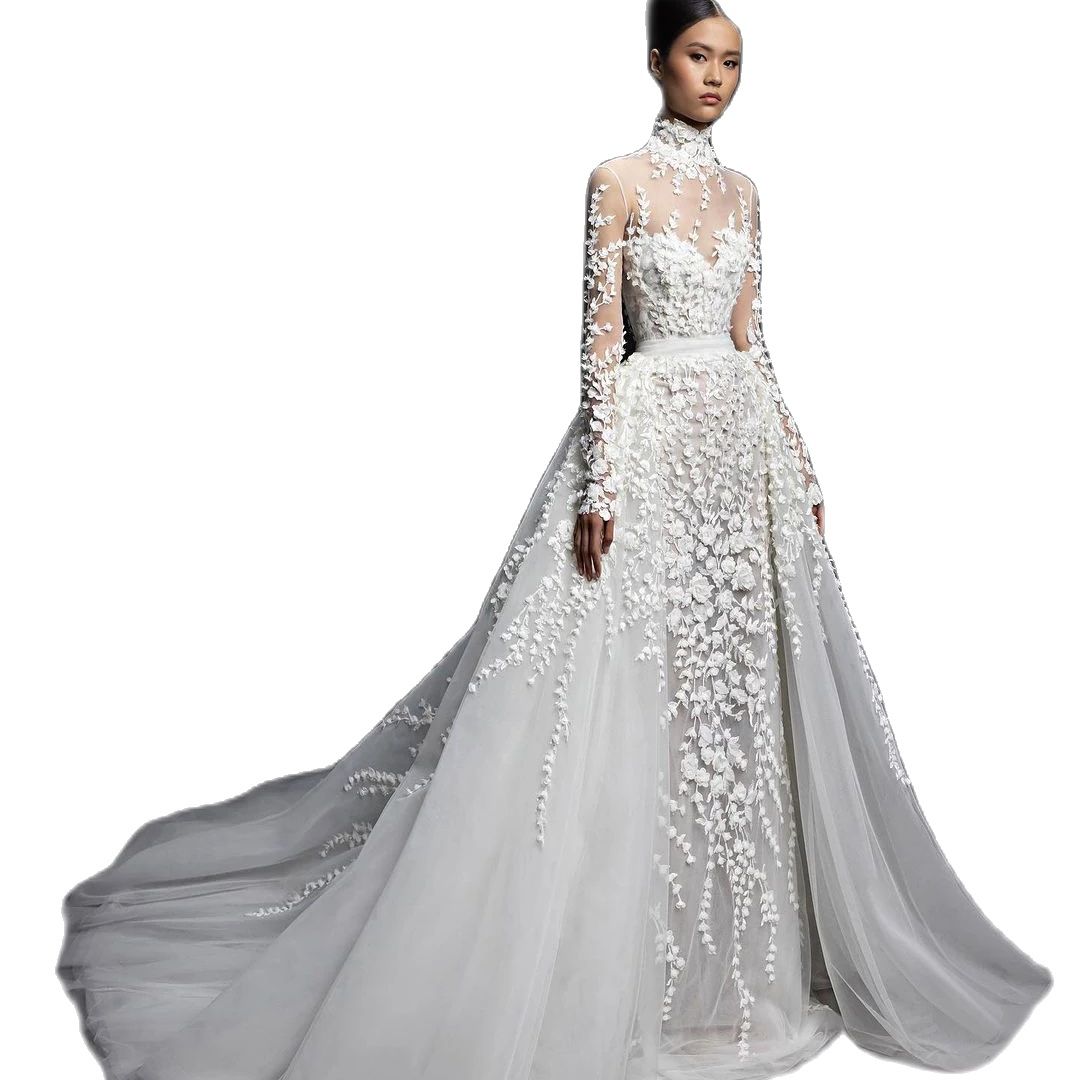 Lace Mermaid Wedding Dresses Sexy Illusion High Neck Beach Bridal Gown 3D Flowers Appliques vestidos de novia Boho Custom Made