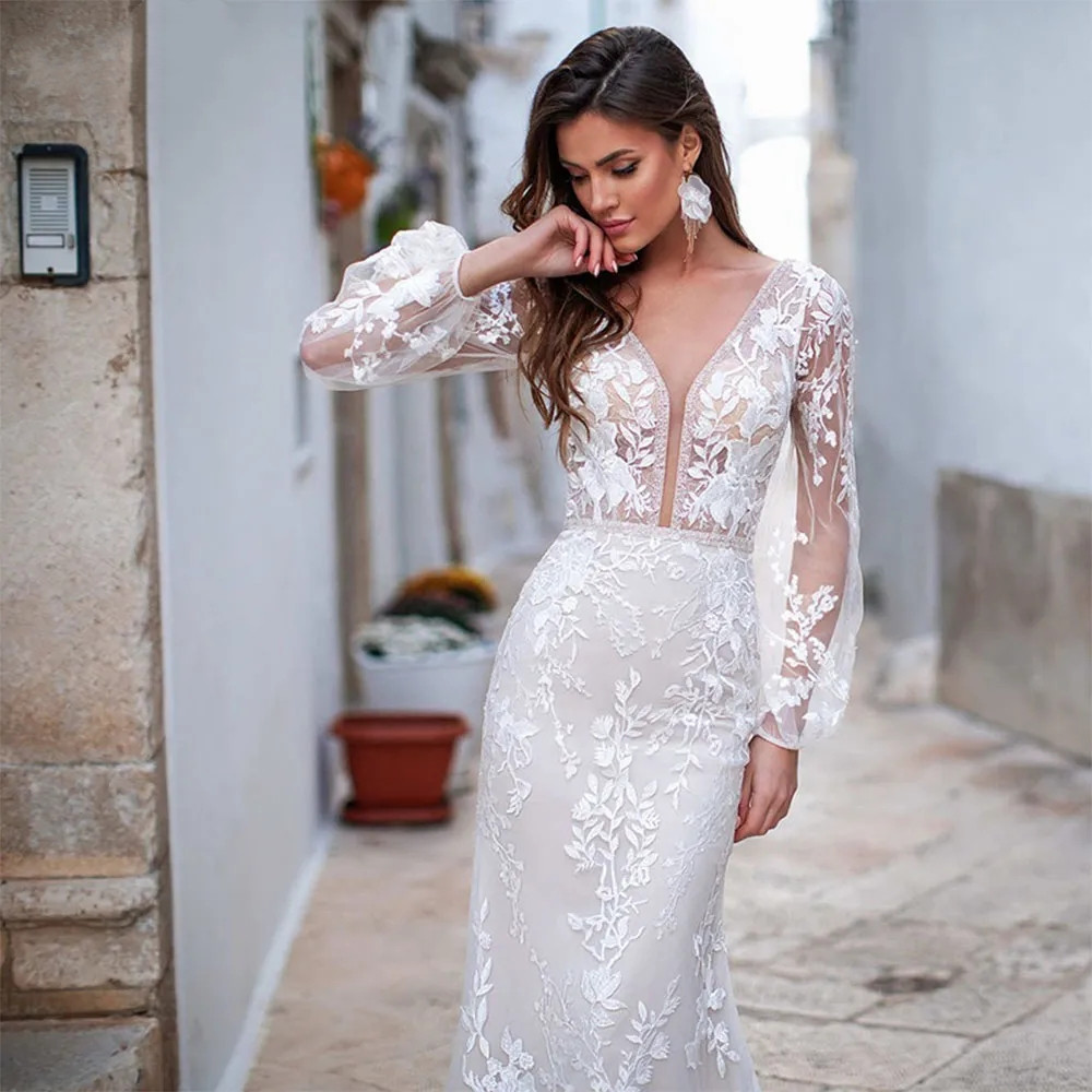 Luxury Backless Tulle Mermaid Wedding Dresses Long Sleeve Lace Appliques V-neck White Bridal Gown Vestidos de Novia