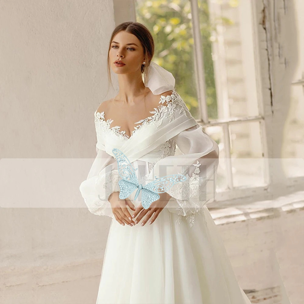 Off The Shoulder Boho Wedding Dress Women Gorgeous Puff Sleeves Lace Appliques Pleats A-E Bridal Gown Sweep Train 6660312